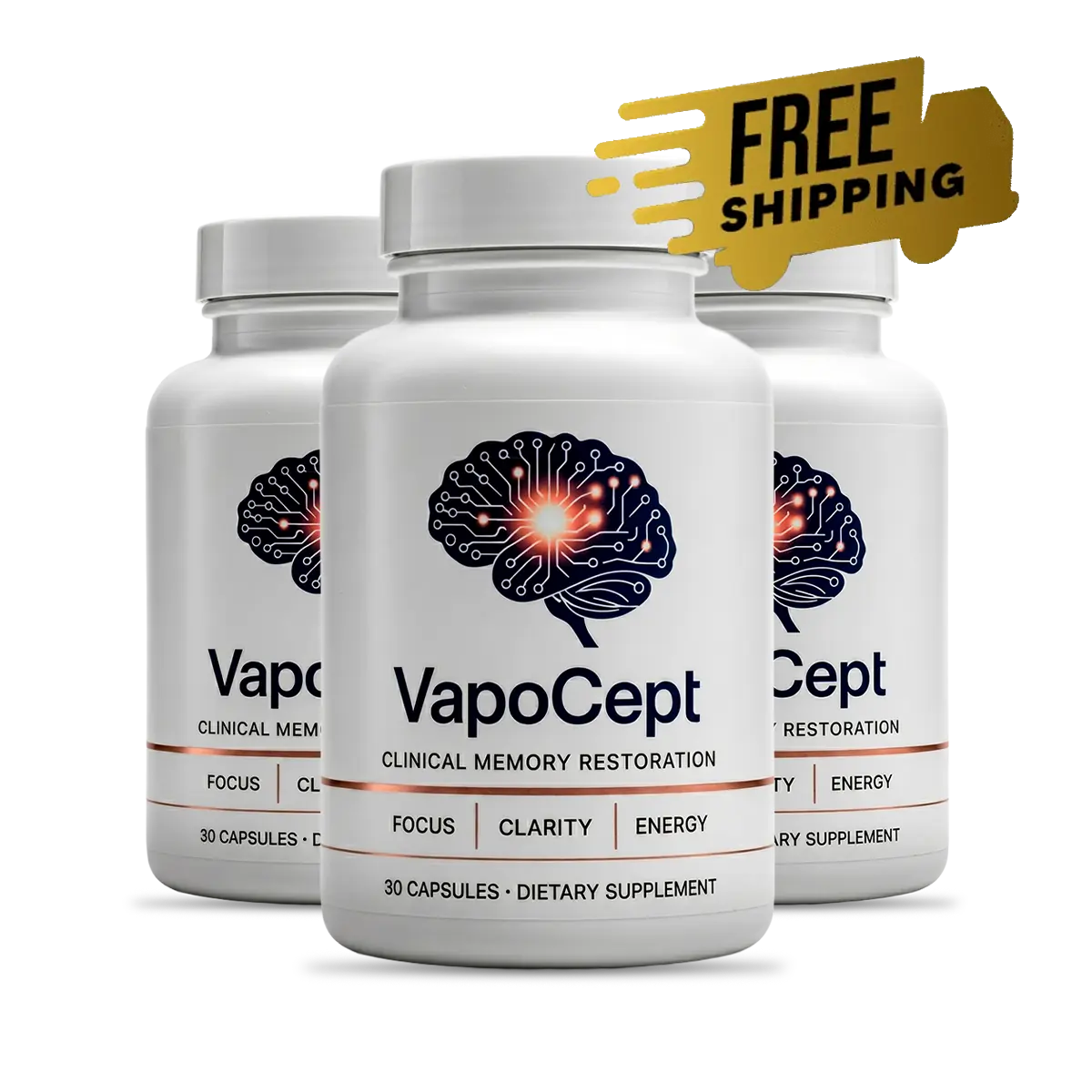 Three bottles of VapoCept brain health capsules with free shipping offer