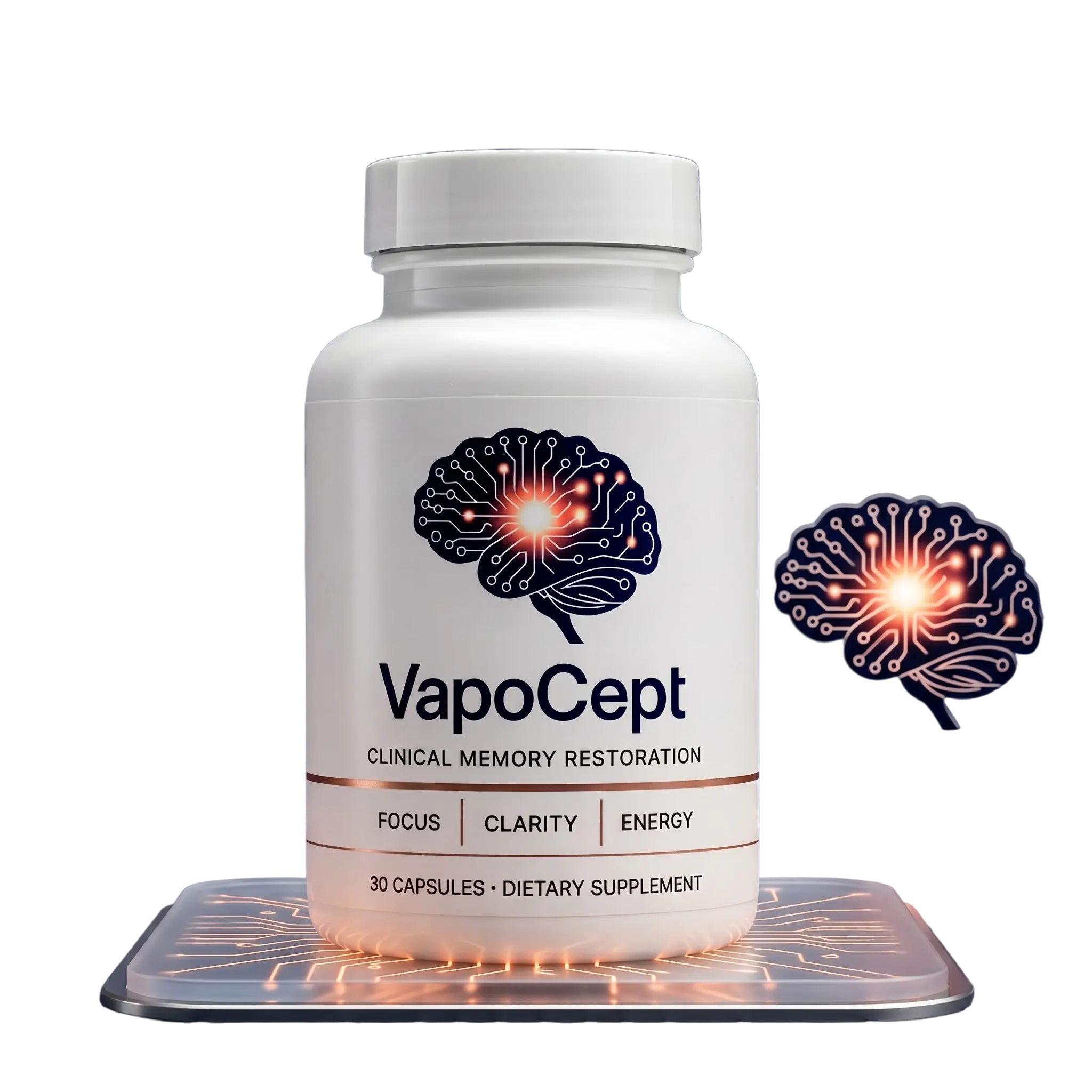 VapoCept brain health supplement bottle with clinical memory restoration label