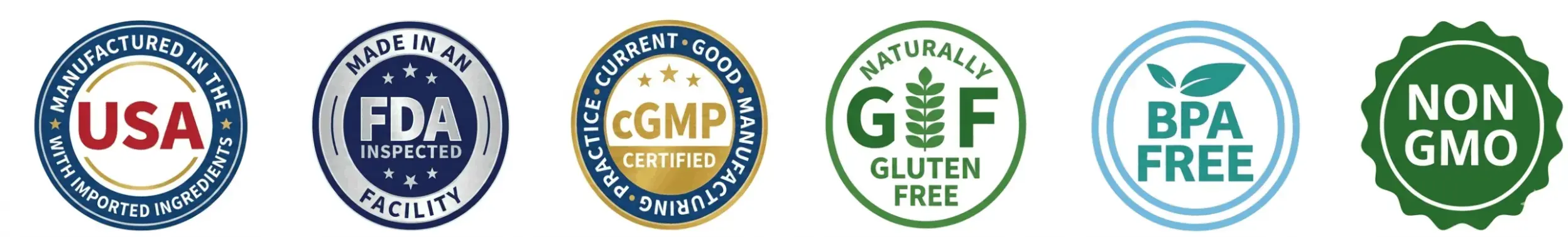 VapoCept quality badges: made in USA, FDA inspected facility, cGMP certified, gluten free, BPA free, non-GMO